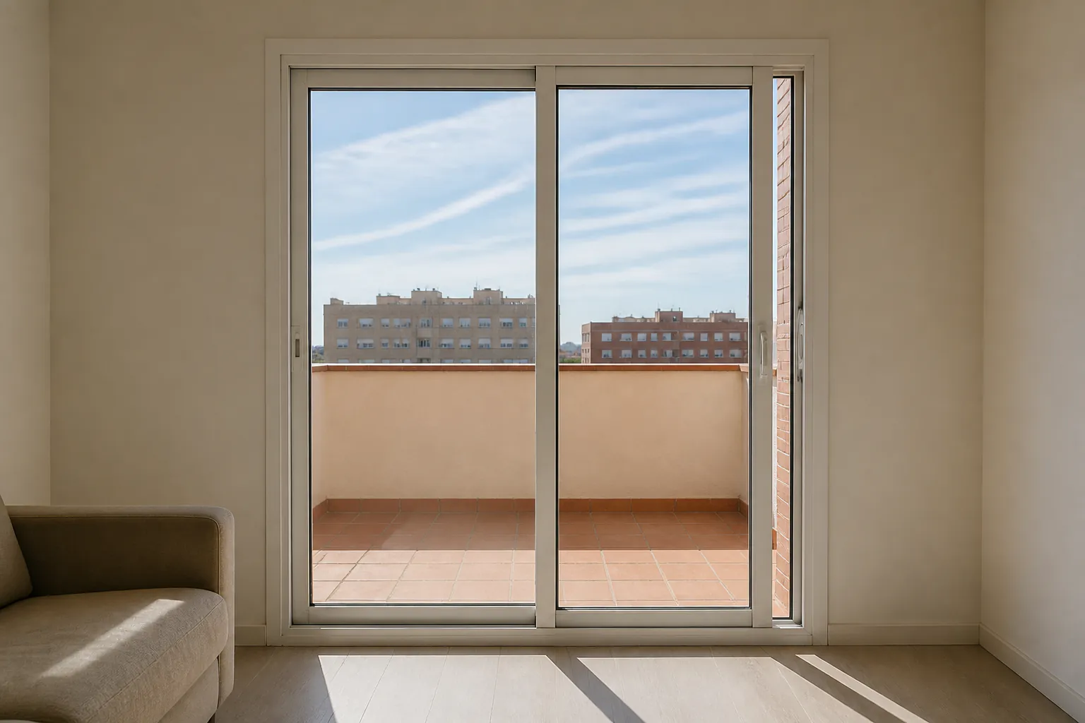Ventana corredera de PVC junto a una terraza en Zaragoza