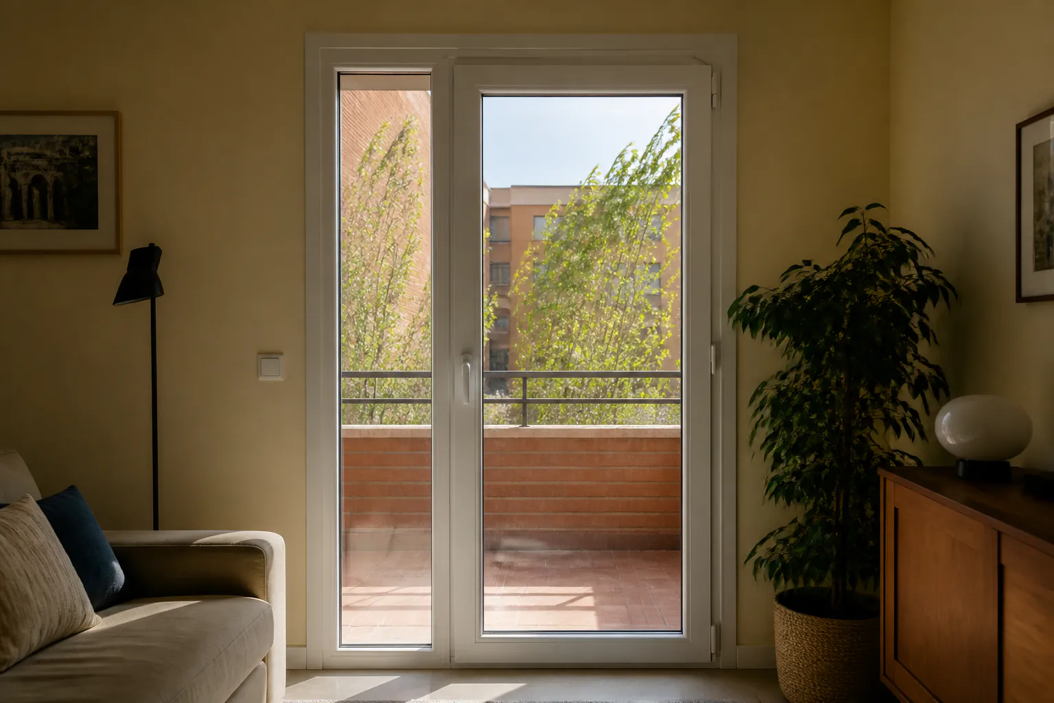 Puerta balconera de PVC hacia una terraza en Zaragoza