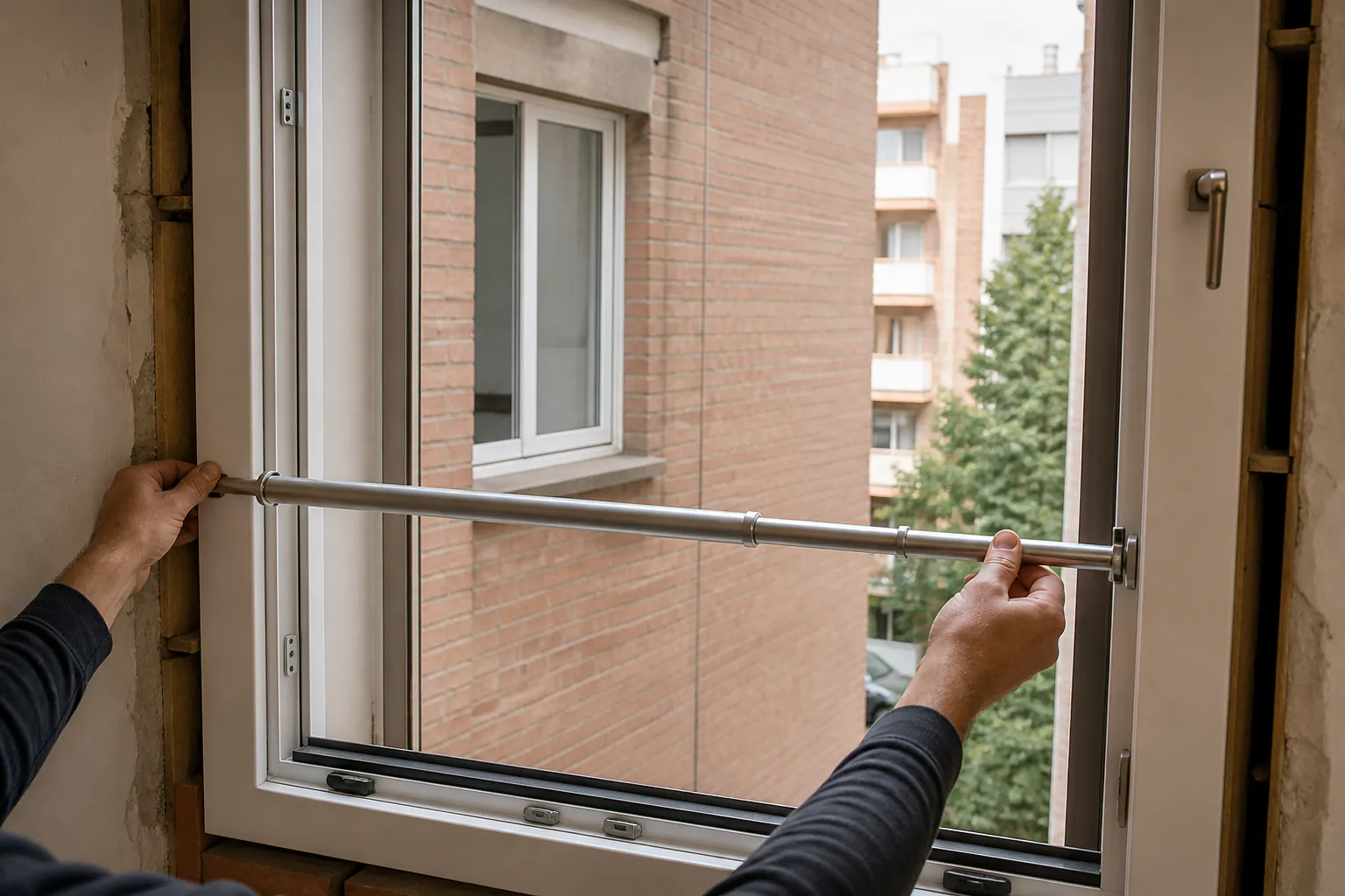 Técnico midiendo un hueco de ventana en una vivienda de Zaragoza